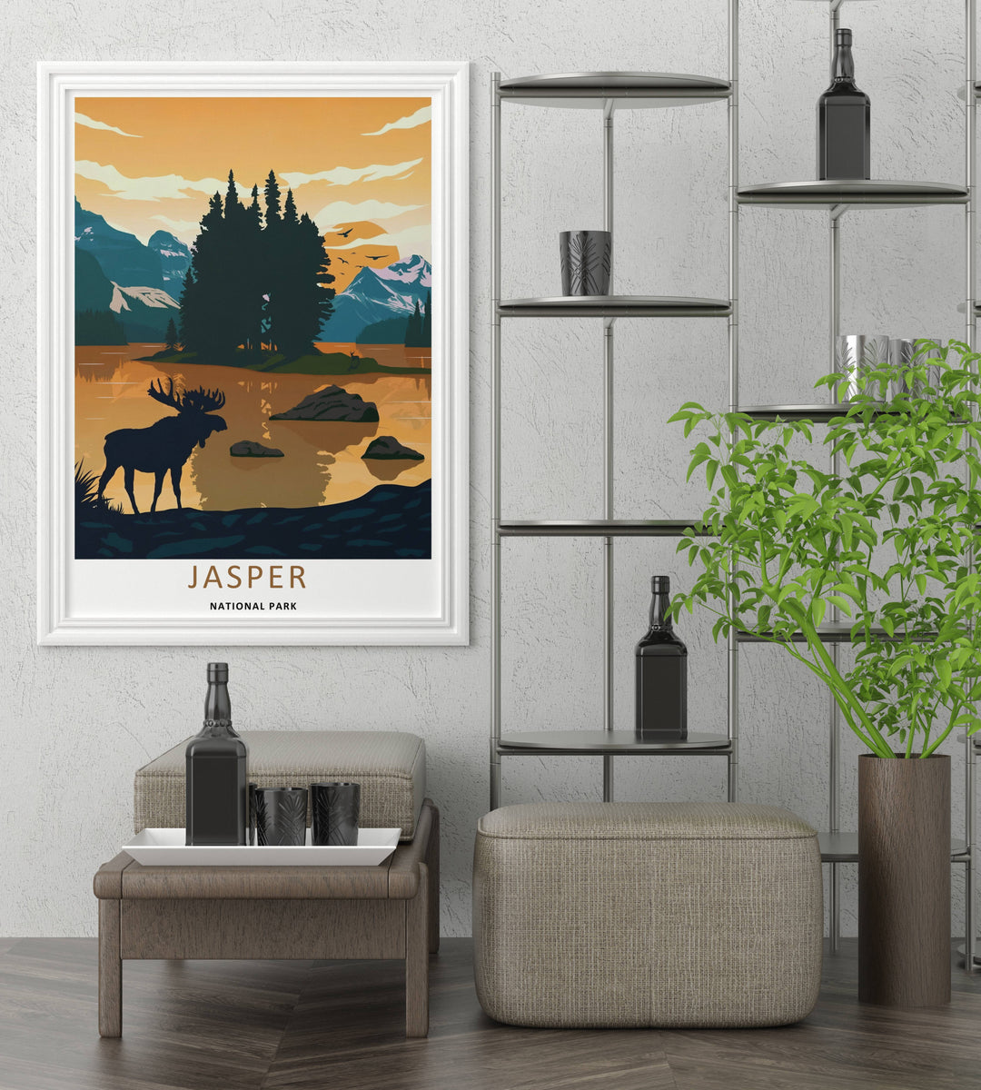 A bold vector graphic work capturing towering evergreen pine trees silhouetted against a brilliant orange sky in Jasper National Park, ready to order as an unframed print, canvas, or a natural wood framed wall art piece.