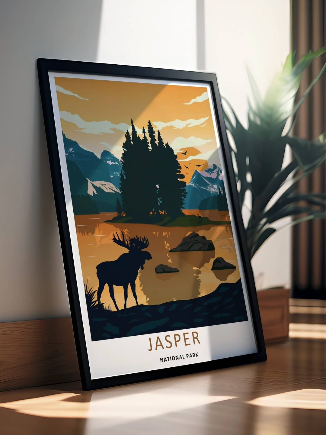 A beautiful lake and mountain theme poster capturing a wild moose silhouette standing peacefully at dusk within Jasper National Park, available in flexible unframed, framed, or canvas layouts to match your home decor style.