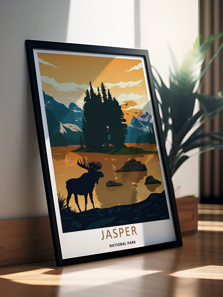 A beautiful lake and mountain theme poster capturing a wild moose silhouette standing peacefully at dusk within Jasper National Park, available in flexible unframed, framed, or canvas layouts to match your home decor style.