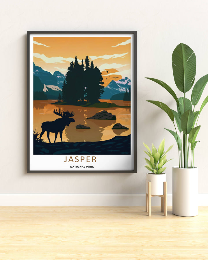 Modern wall art featuring a retro screen print style layout of a wild moose and the classic alpine mountain sunset in Jasper National Park, which can be ordered as a stretched canvas, an unframed poster, or a pure gold frame.
