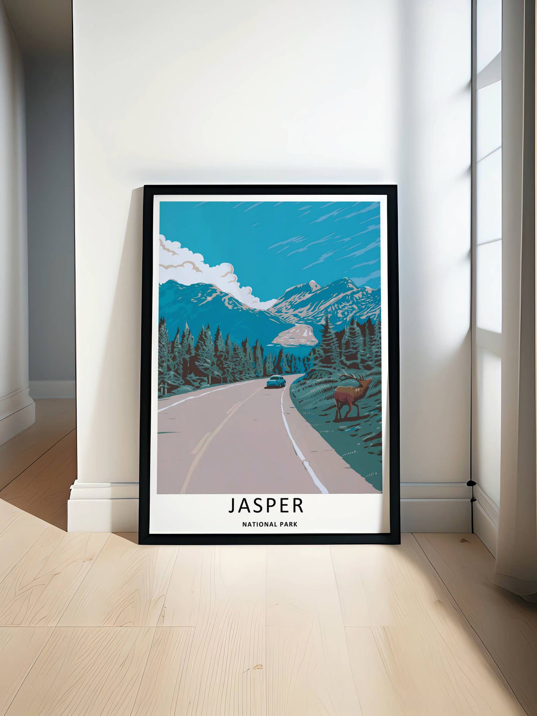 Minimalist travel poster of the scenic mountain road inside Jasper National Park without text, customizable as a textured canvas artwork, a loose print format, or within a premium silver frame profile.