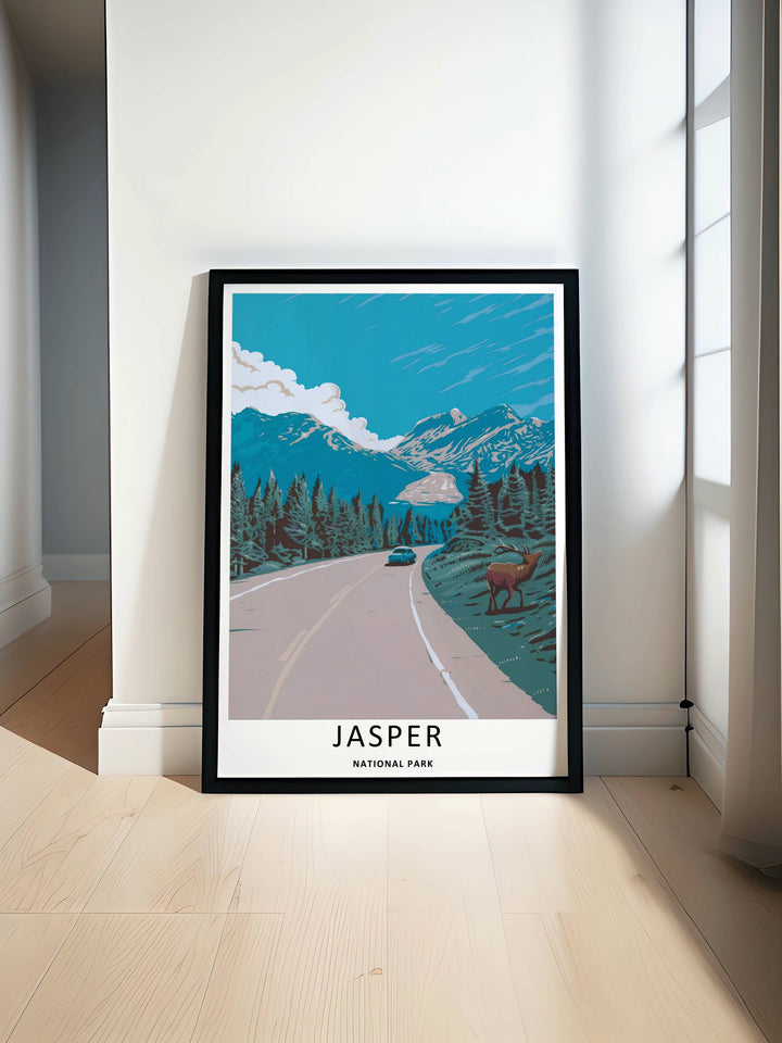 Minimalist travel poster of the scenic mountain road inside Jasper National Park without text, customizable as a textured canvas artwork, a loose print format, or within a premium silver frame profile.