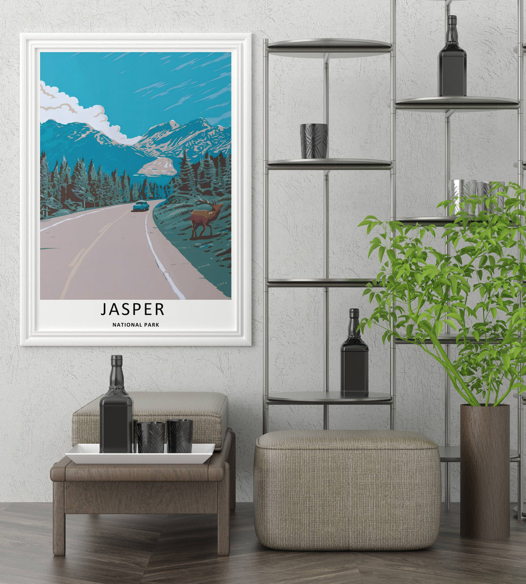 A classic mid-century style travel print of the Icefields Parkway road in Jasper National Park, showcasing a beautiful blue car cruising toward a massive white glacier nestled between high mountain peaks.