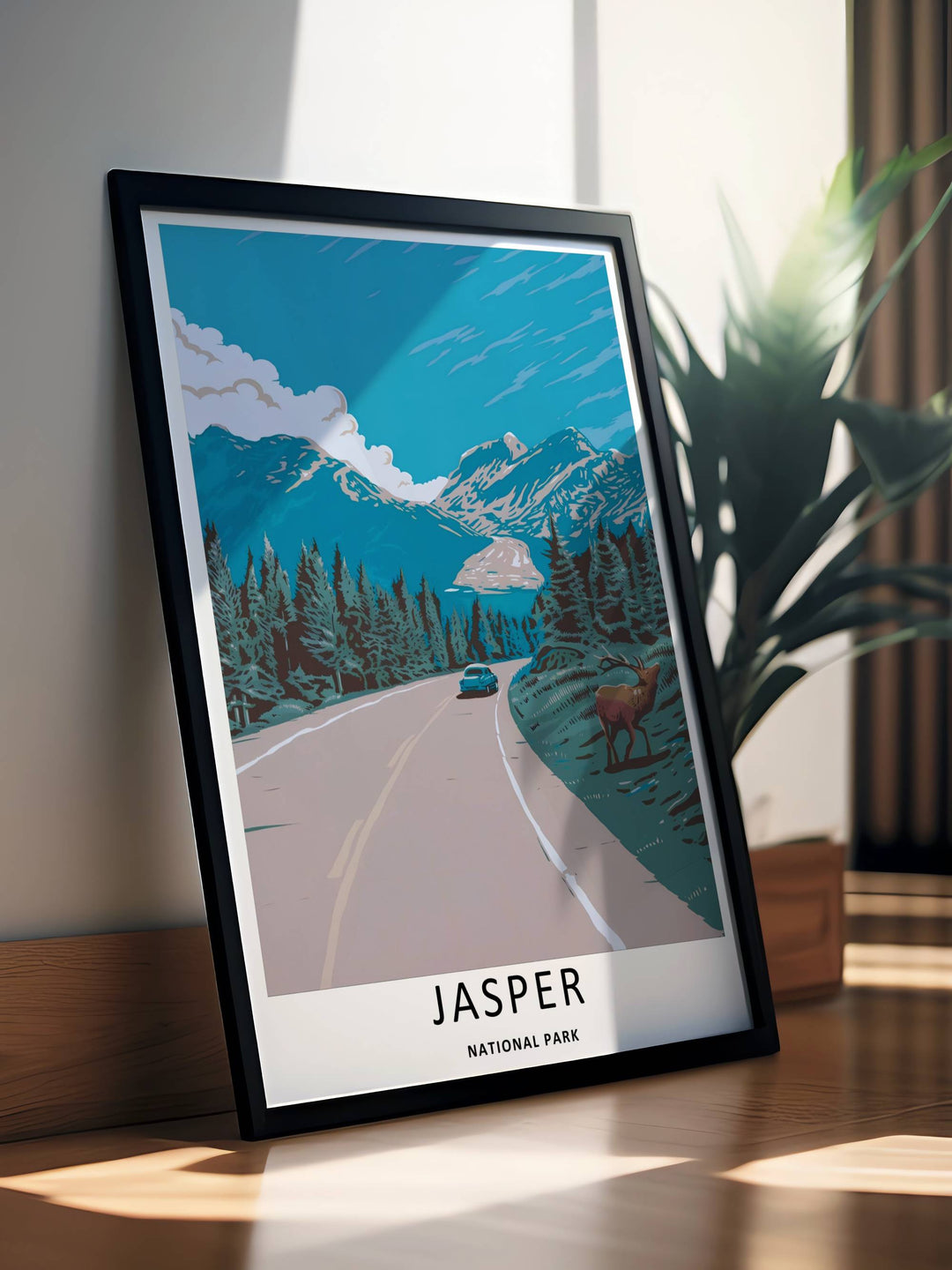 Colorful screen-print style landscape art of the majestic subalpine forests and rugged mountain ranges framing the Icefields Parkway in Jasper National Park, crafted on premium gallery matte paper.