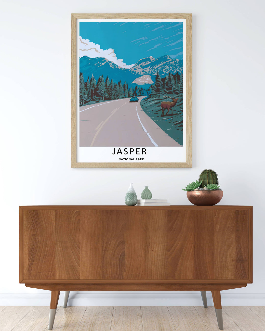 A unique travel print from MapYourDreams showcasing a nostalgic highway driving scene through Jasper National Park, complete with an elk silhouette, deep green pine trees, and a bright turquoise sky.