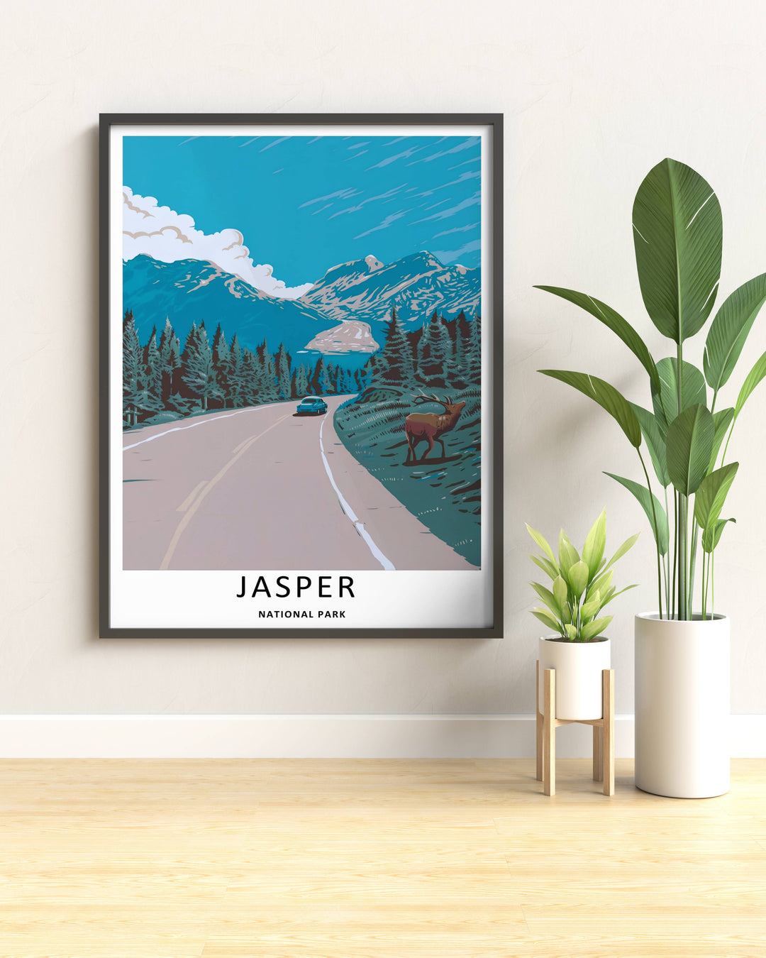 Modern home decor print of a classic car touring the breathtaking glacier valleys and rocky slopes of Jasper National Park, custom made as a stretched canvas, an unframed poster, or a luxury gold frame.