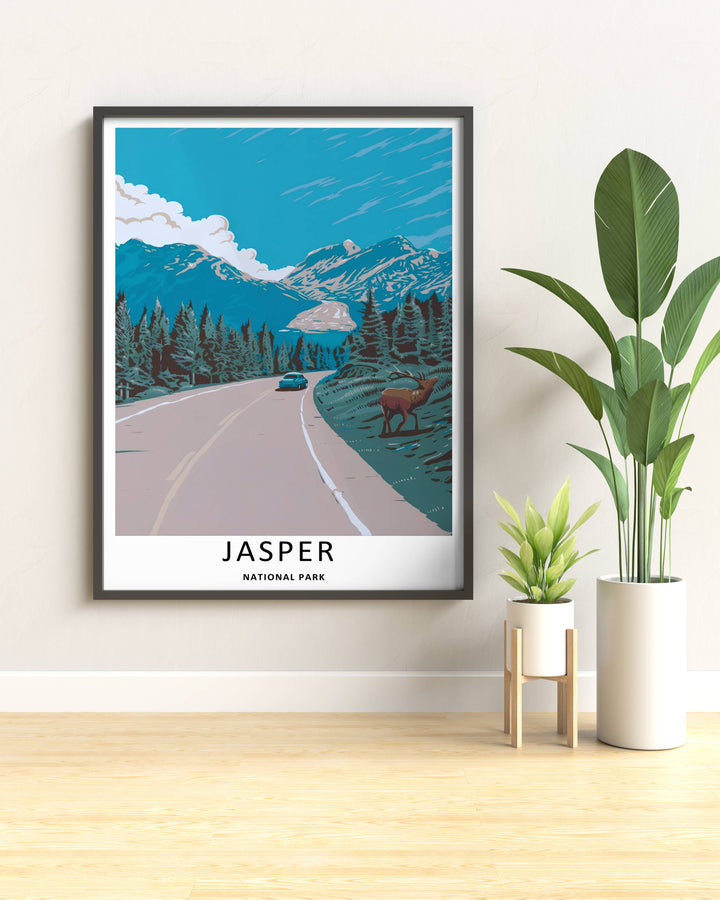 Modern home decor print of a classic car touring the breathtaking glacier valleys and rocky slopes of Jasper National Park, custom made as a stretched canvas, an unframed poster, or a luxury gold frame.