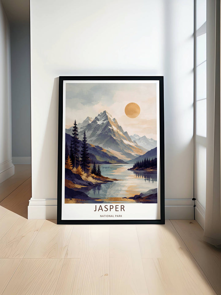 Minimalist Jasper National Park travel poster of the iconic misty lake trail without text, customizable as a textured canvas piece, an unframed art print, or a premium wood framed wall accent.