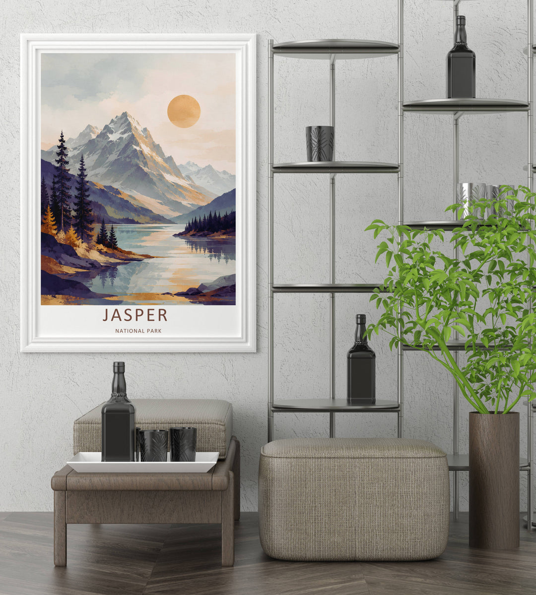 A detailed artistic Jasper National Park travel poster displaying a soft pastel morning sky over the massive slopes of the Canadian Rockies, selectable as an elegant canvas, a loose poster print, or a grey frame.