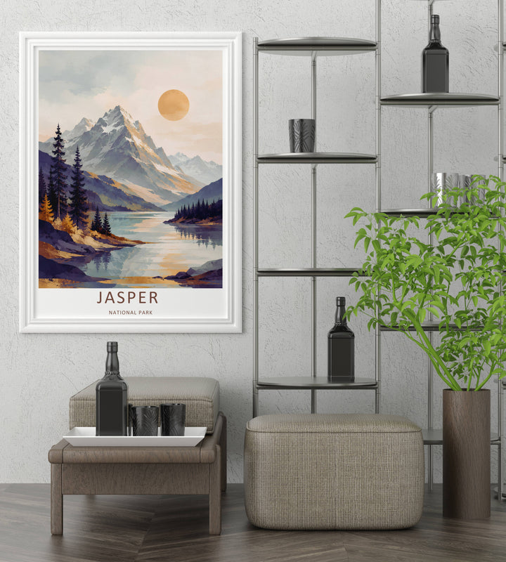 A detailed artistic Jasper National Park travel poster displaying a soft pastel morning sky over the massive slopes of the Canadian Rockies, selectable as an elegant canvas, a loose poster print, or a grey frame.