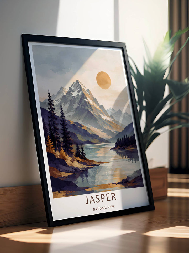 A stunning lake and mountain theme print showcasing fluid reflections and a glowing amber sun in Jasper National Park, available in flexible unframed, canvas, or framed layouts to perfectly match your home decor.