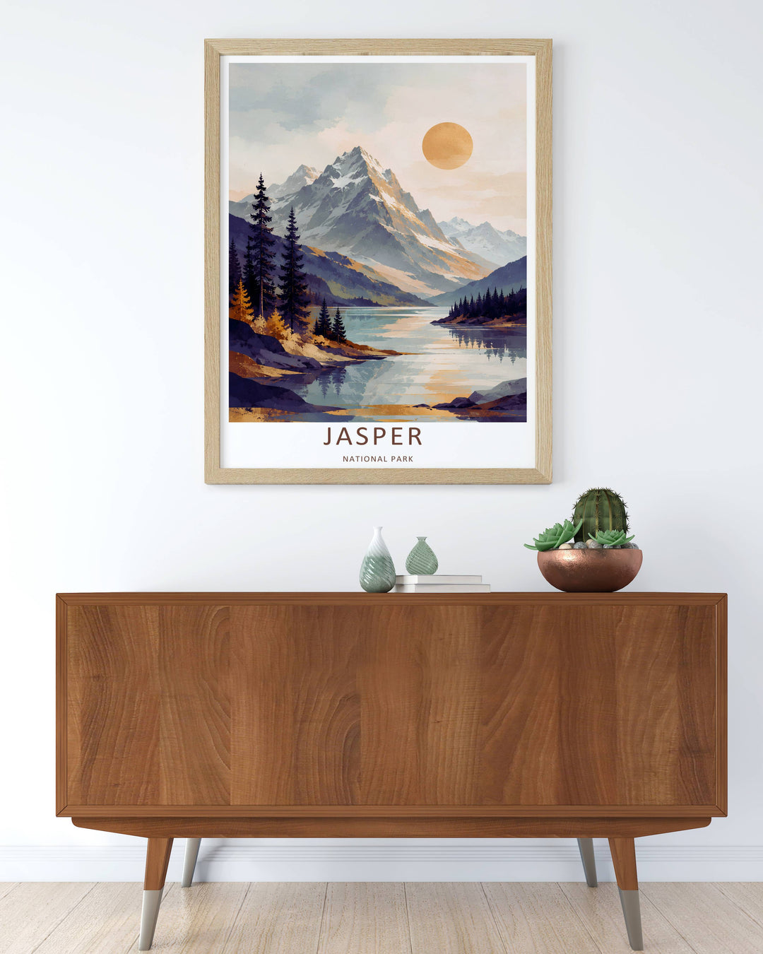Fluid watercolor illustration print of the tranquil glacial waters flowing through Jasper National Park, crafted as a premium canvas wall print, an unframed poster, or a gold framed gallery statement piece.