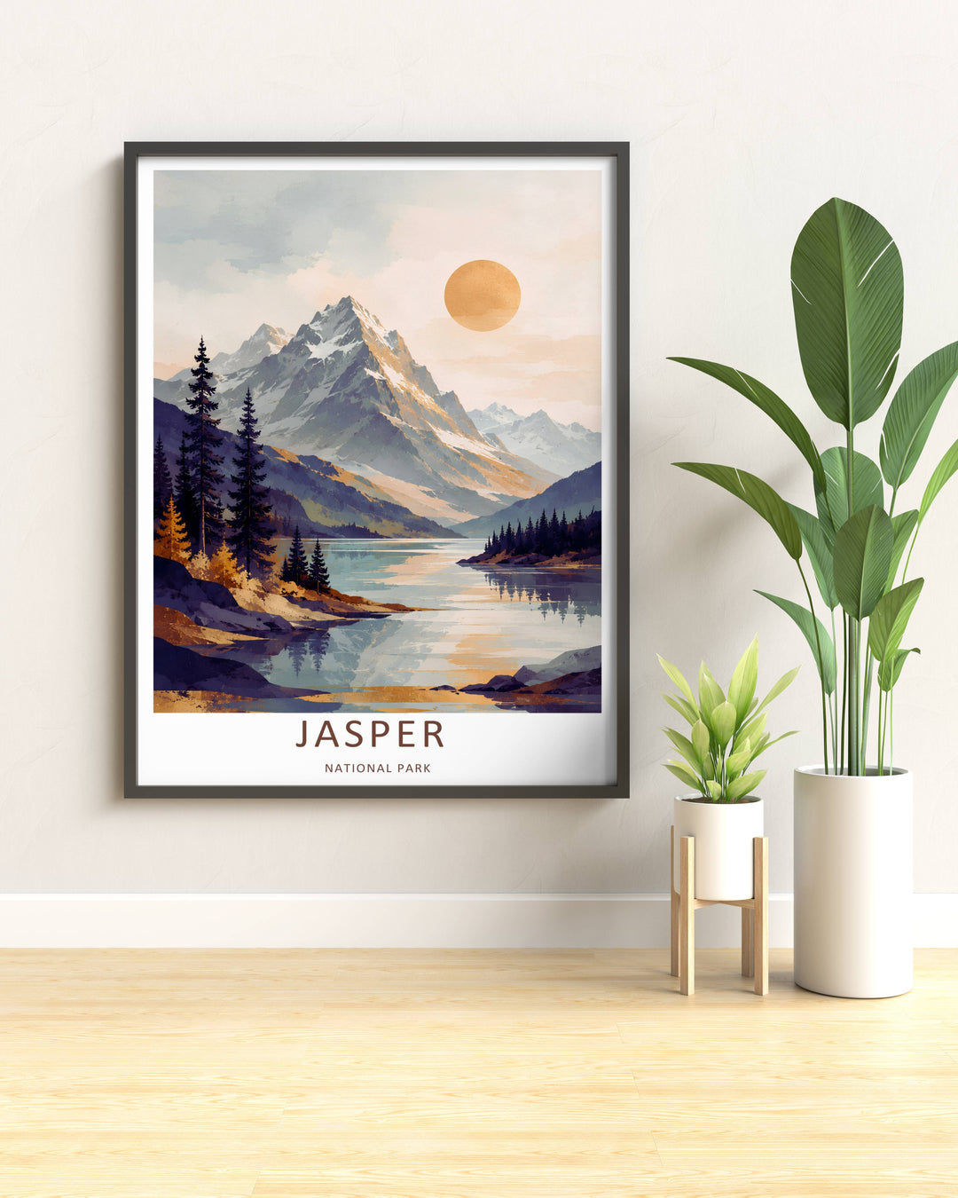 Modern wall art featuring a retro painterly style layout of a misty subalpine valley in Jasper National Park, which can be ordered as a stretched canvas format, a standalone poster, or within a pure gold frame.