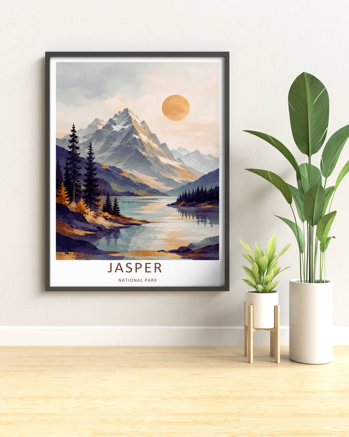 Modern wall art featuring a retro painterly style layout of a misty subalpine valley in Jasper National Park, which can be ordered as a stretched canvas format, a standalone poster, or within a pure gold frame.