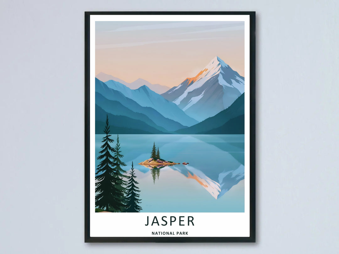 A vibrant Jasper National Park art print highlighting the iconic reflection of Spirit Island on Maligne Lake; this high-quality artwork is available as an unframed poster, a premium wrapped canvas, or a framed print option.