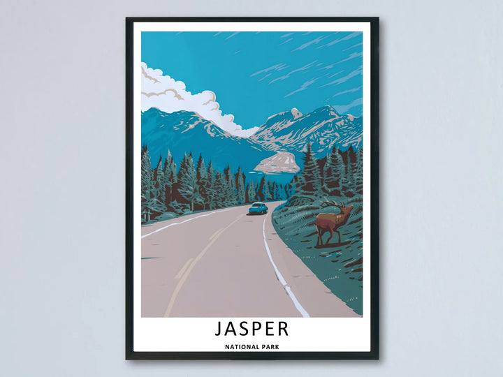 A retro Jasper National Park travel poster showcasing a vintage blue car driving down the scenic Icefields Parkway highway with a wild elk standing by the pine tree forest on the right roadside.
