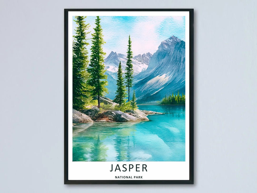 A vibrant Jasper National Park watercolor lake wall art piece highlighting an elegant cluster of pine trees on a rocky shore; this high-quality artwork is available as an unframed print, canvas, or framed print option.