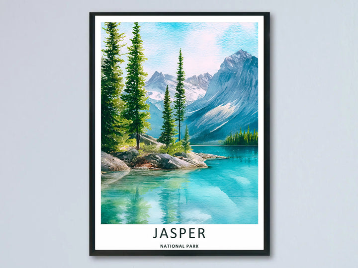 A vibrant Jasper National Park watercolor lake wall art piece highlighting an elegant cluster of pine trees on a rocky shore; this high-quality artwork is available as an unframed print, canvas, or framed print option.