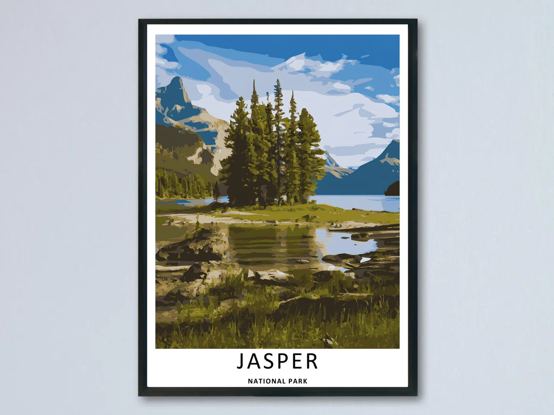 A scenic display of a retro style Jasper National Park block vector landscape, showing an example of our canvas, unframed, and framed layouts highlighting the bold blue water and sharp pine tree shores