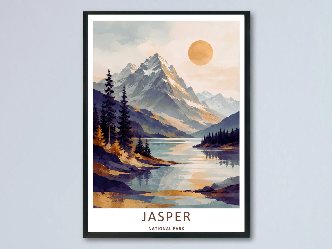A beautiful Jasper National Park watercolor lake wall art piece showcasing a massive snow-capped peak rising above a calm alpine fjord; this premium design is available as an unframed poster, canvas, or framed print.