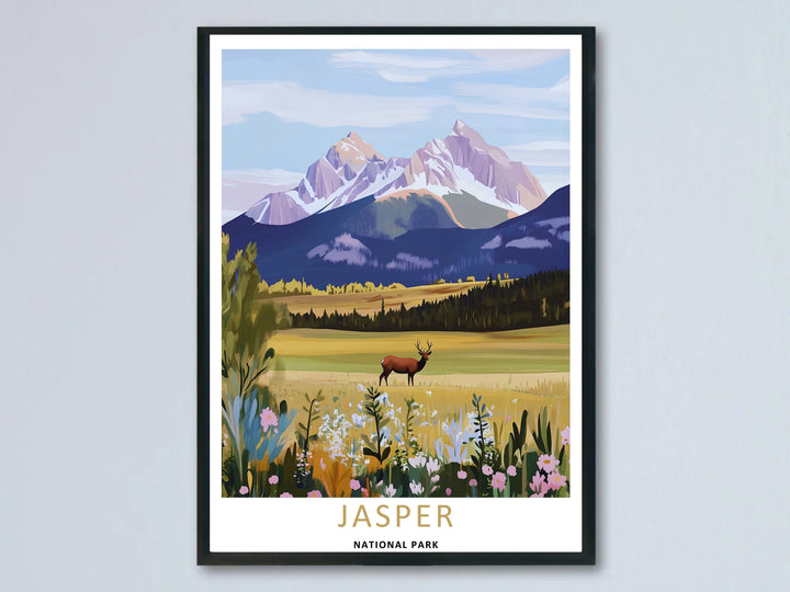 A vibrant Jasper National Park elk wildlife art print highlighting a majestic bull elk standing in a golden wildflower meadow; this high-quality artwork is available as an unframed poster, canvas, or framed print option.