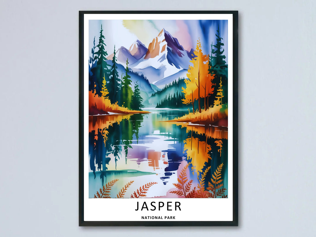 A vibrant Jasper National Park abstract watercolor poster highlighting the colorful liquid reflection of snow-capped mountains on an alpine lake; available as an unframed print, canvas, or framed print.
