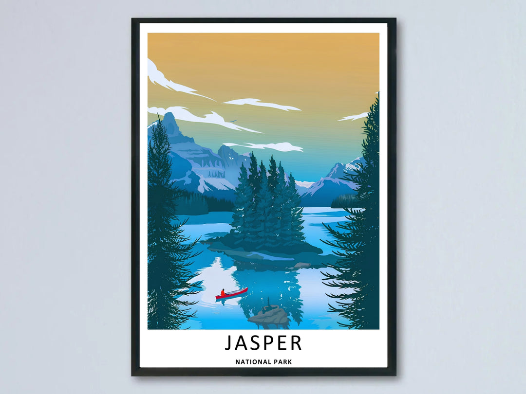 A vibrant Jasper National Park mountain canvas art print highlighting a red canoe paddling near Spirit Island on Maligne Lake; this high-quality artwork is available as an unframed poster, canvas, or framed print.