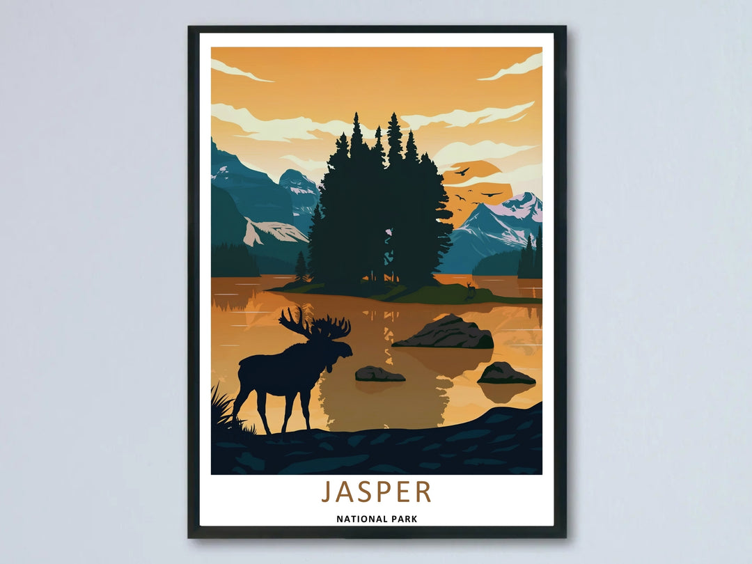 A vibrant Jasper National Park moose sunset wall art piece highlighting the crisp dark silhouette of a bull moose standing along a glowing orange shoreline; available as an unframed poster, canvas, or framed print.
