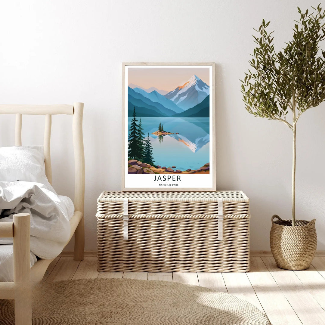 High-contrast illustrative artwork of the vibrant alpine scenery within Jasper National Park, custom made as a canvas, a standalone unframed print, or a retro white framed poster with a bold white border layout.