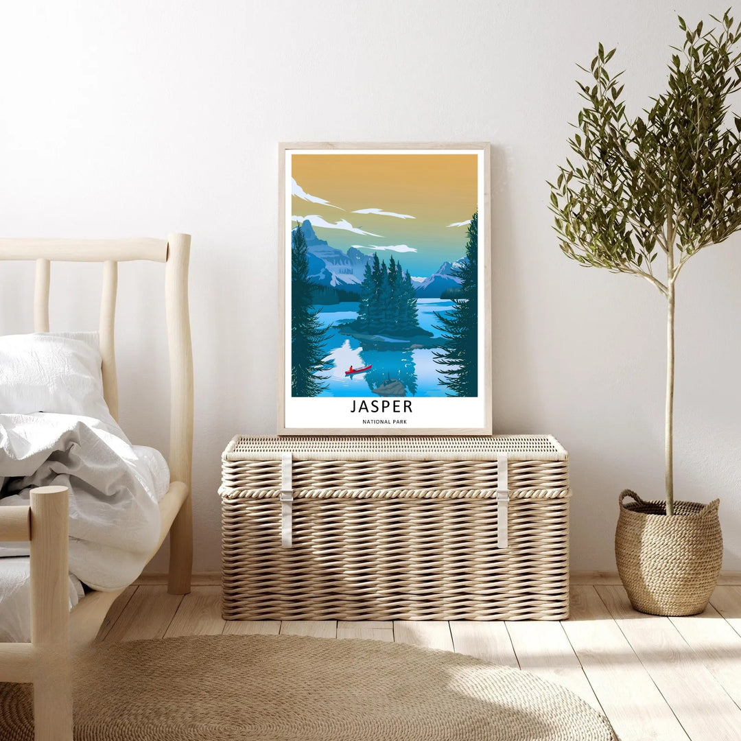 An elegant wilderness print of the scenic Maligne Lake waters in Jasper National Park during a warm sunset evening, offered as an unframed print, a wrapped canvas, or a premium retro black framed art finish.