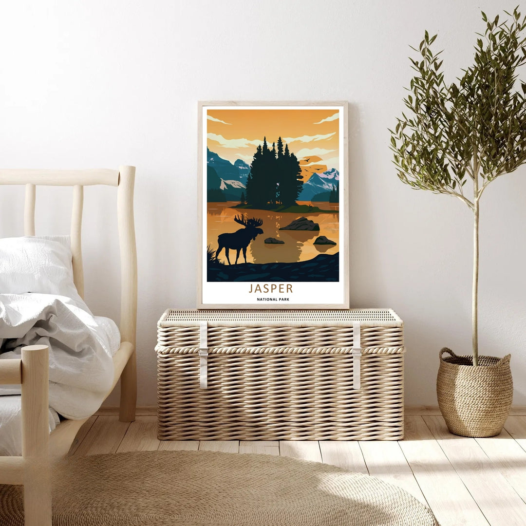An elegant wilderness print of the scenic Maligne Lake waters in Jasper National Park during a warm twilight evening, offered as an unframed print, a wrapped canvas, or a premium retro black framed art finish for home styling.