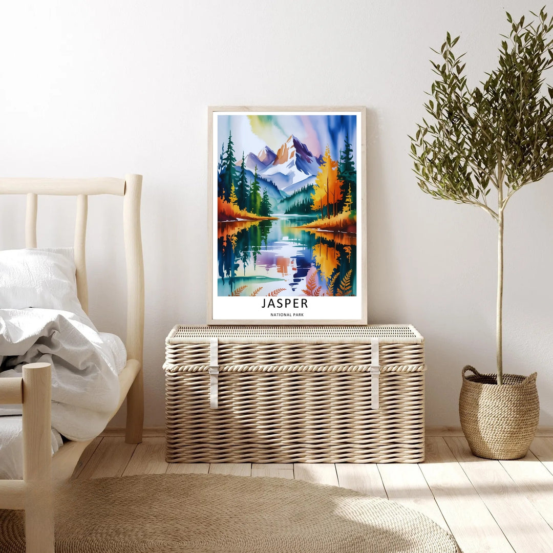 An elegant wilderness print of the scenic lake waters in Jasper National Park during a colorful, dreamlike morning, offered as an unframed print, a wrapped canvas, or a premium retro black framed art finish.