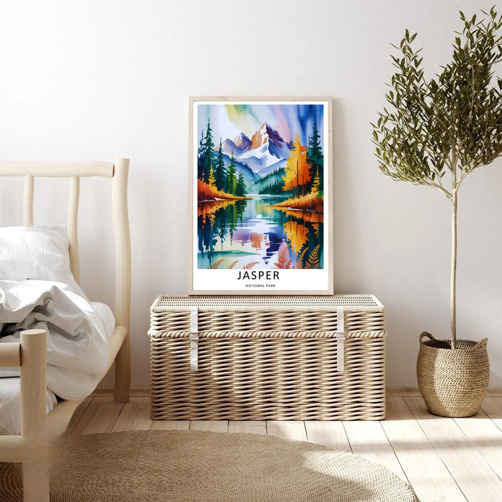 An elegant wilderness print of the scenic lake waters in Jasper National Park during a colorful, dreamlike morning, offered as an unframed print, a wrapped canvas, or a premium retro black framed art finish.