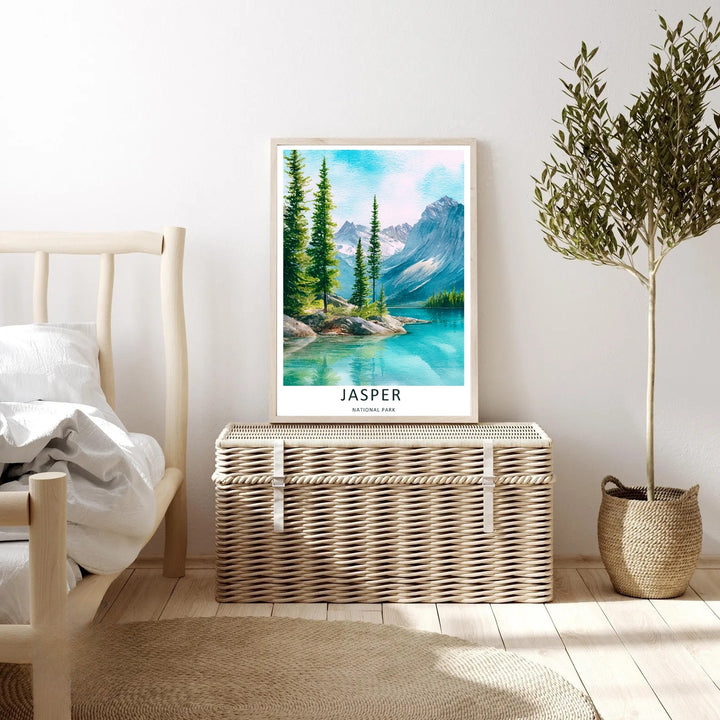 Modern wall art featuring a retro painterly layout of the classic mountain valleys in Jasper National Park, which can be ordered as a stretched canvas, an unframed poster, or a pure gold framed luxury print.