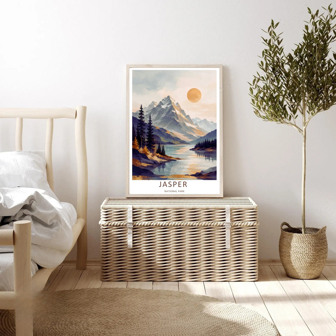An elegant wilderness print of the scenic mountain lake waters in Jasper National Park during a clear, hazy morning, offered as an unframed print, a wrapped canvas, or a premium retro black framed art finish.