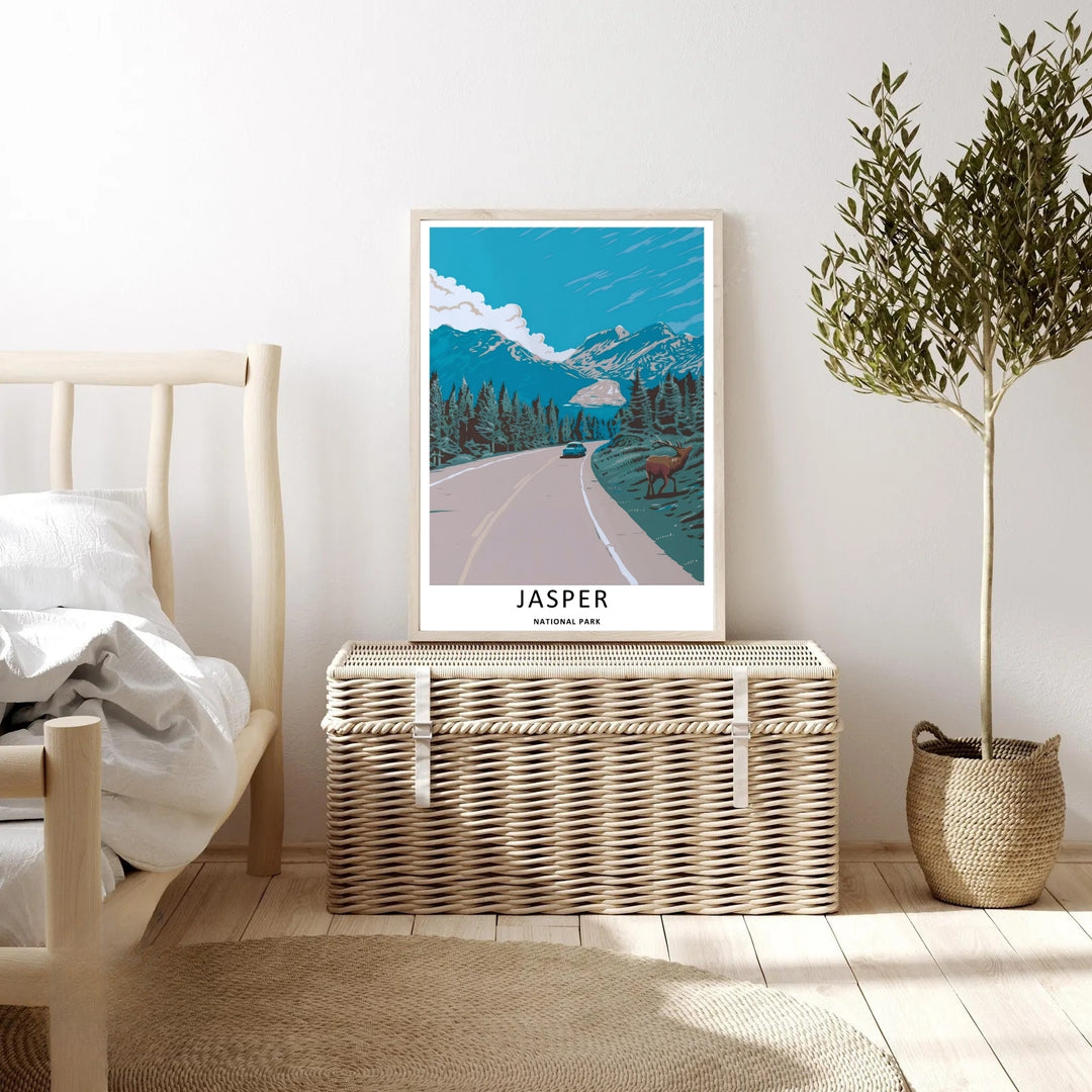 A scenic display of an old-school automotive adventure across the Icefields Parkway highway in Jasper National Park, featuring high-contrast blue and cream vector art shadows on the snowy peaks.