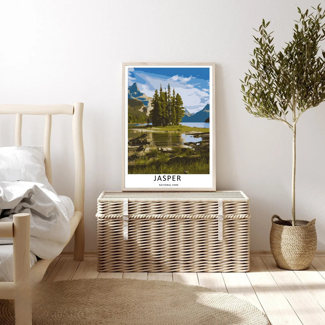 Colorful graphic vector illustration print of the famous Spirit Island peninsula in Jasper National Park, crafted as a premium canvas print, an unframed poster, or a gold framed gallery wall statement piece.