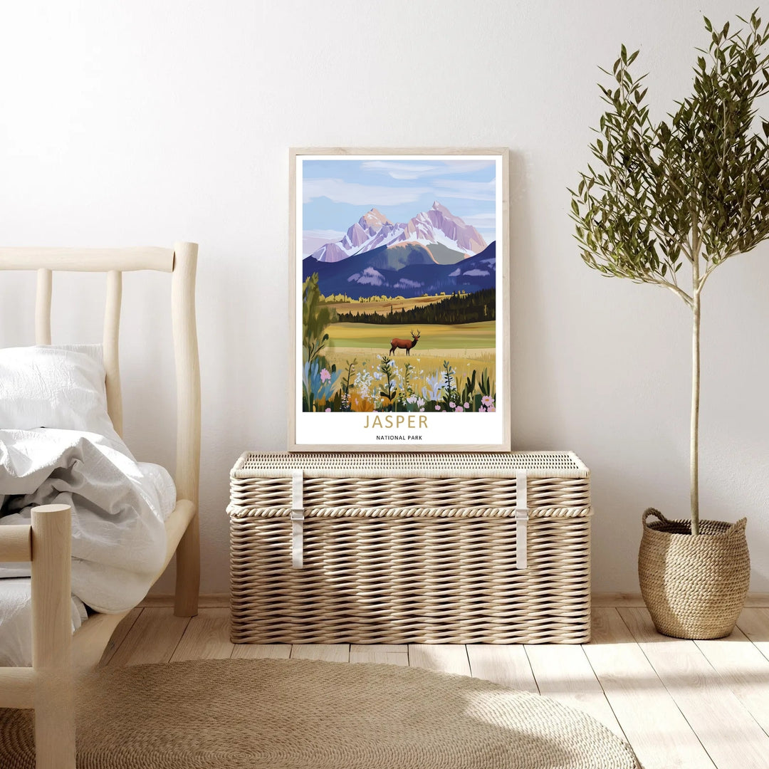 High-contrast vector artwork of a wild elk exploring the blooming meadows of Jasper National Park, custom made as a canvas, a standalone unframed print, or a retro white framed poster with a bold white border layout.