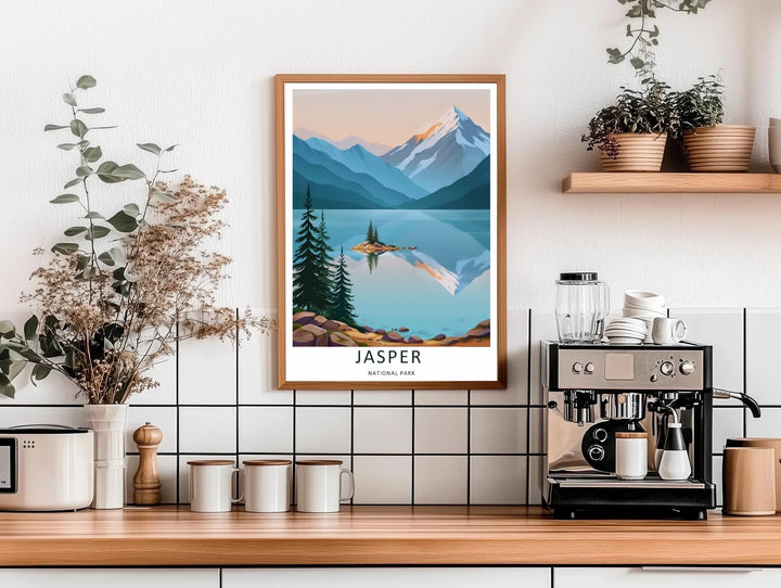 A beautiful lake and mountain theme poster capturing the perfect symmetrical water reflection of Jasper National Park, available in flexible unframed, framed, or canvas layouts to match your contemporary home decor style.