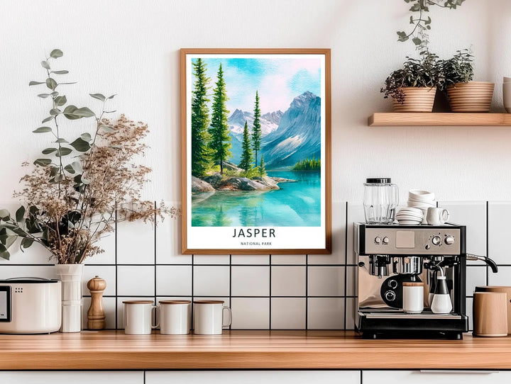 An elegant wilderness print of the scenic lake waters in Jasper National Park during a clear sunlit day, offered as an unframed print, a wrapped canvas, or a premium retro black framed art finish for home styling.