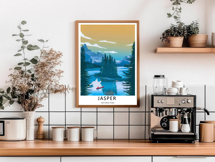 High-contrast illustrative artwork of a solitary canoeist exploring the mountain waters of Jasper National Park, custom made as a canvas, a standalone unframed print, or a retro white framed poster with a white border.