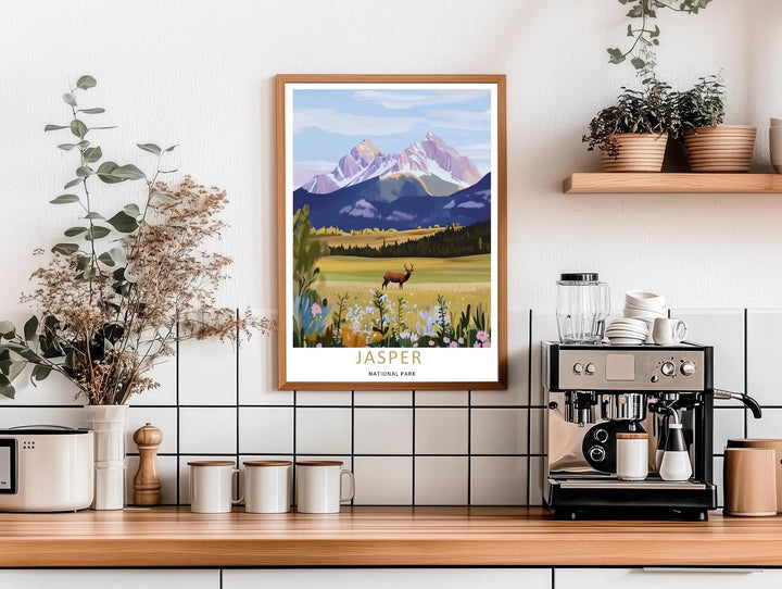 A colorful nature and geometric block design of the world-famous wildlife preservation in Jasper National Park, available in a variety of presentation formats including unframed prints, canvas wall art, and bronze frames.