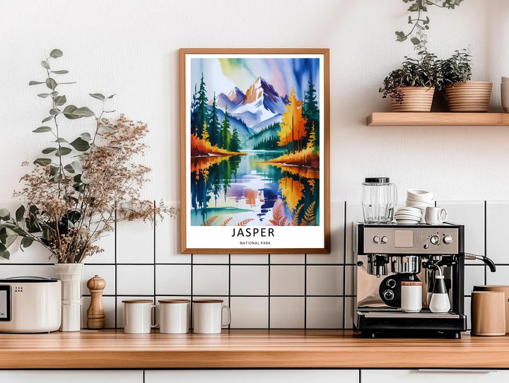 High-contrast watercolor artwork of the vibrant abstract landscape within Jasper National Park, custom made as a canvas, a standalone unframed print, or a retro white framed poster with a bold white border.