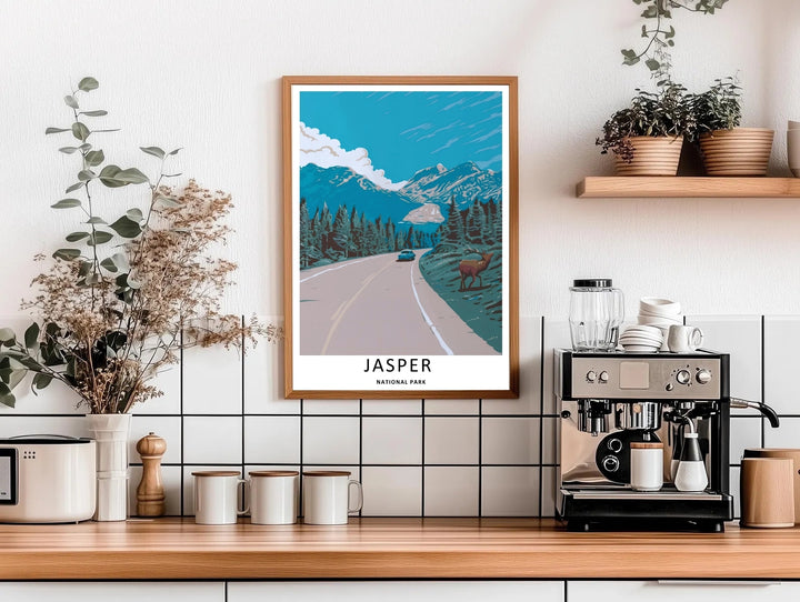 High-quality nature print capturing a wild bull elk standing beside the winding mountain pavement of Jasper National Park, available in a variety of presentation formats including natural wood and white frames.