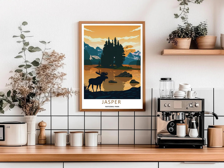 High-contrast vector artwork of a wild moose silhouette exploring the peaceful waters of Jasper National Park, custom made as a canvas, a standalone unframed print, or a retro white framed poster with a bold white border.