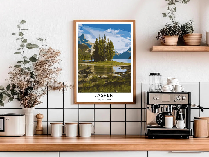 A beautiful lake and mountain theme poster capturing the structured, blocky reflections on the water in Jasper National Park, available in flexible unframed, framed, or canvas layouts to match your home decor style.