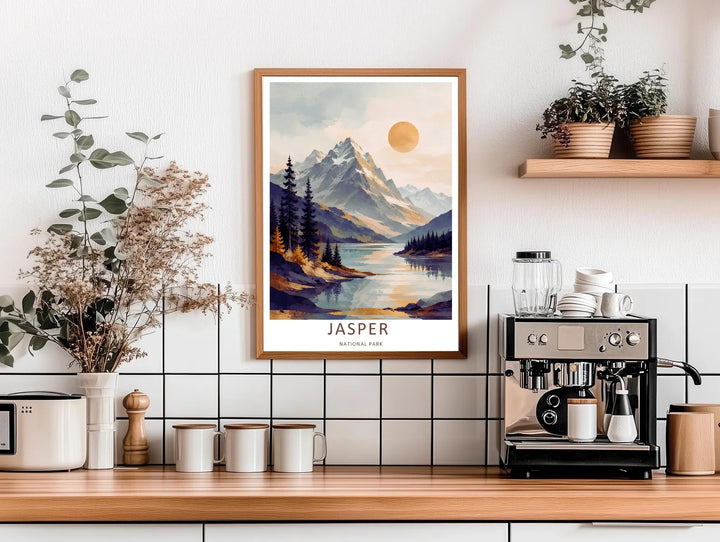 High-contrast watercolor artwork of towering pine trees framing the jagged peaks of Jasper National Park, custom made as a canvas print, a standalone unframed print, or a retro white framed poster layout.