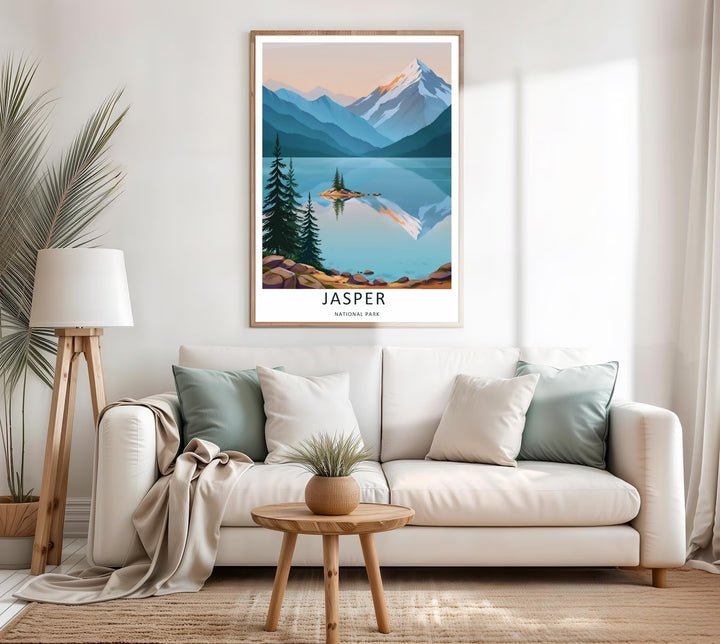 A colorful nature and geometric design of the world-famous Spirit Island retreat in Jasper National Park, available in a variety of presentation formats including unframed prints, canvas wall art, and bronze finishes.