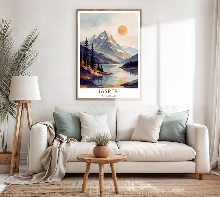 A colorful nature and artistic fluid design of the world-famous mountain landscape in Jasper National Park, available in a variety of presentation formats including unframed prints, canvas wall art, and bronze frames.