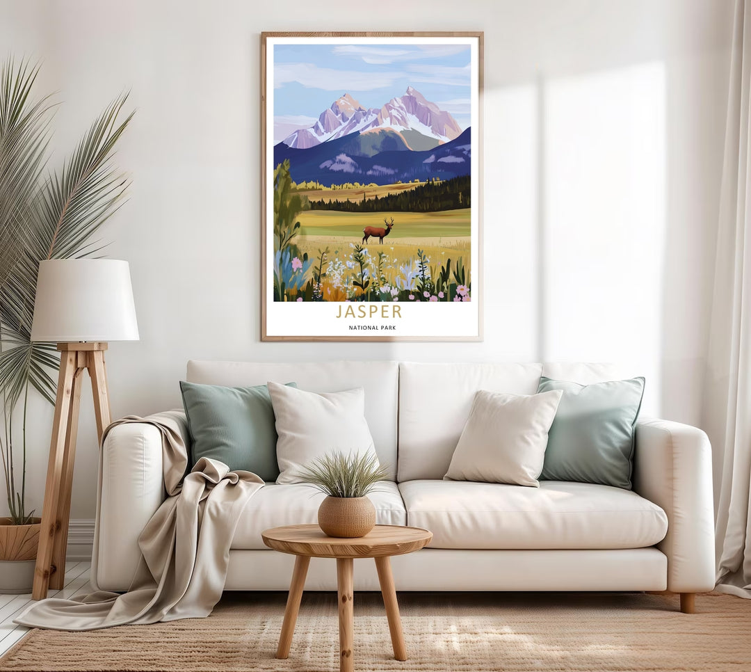 A stylized landscape print displaying a vintage graphic style Jasper National Park mountain viewpoint in Alberta, with options to purchase as an unframed print, a high-quality stretched canvas, or a luxury silver framed display.